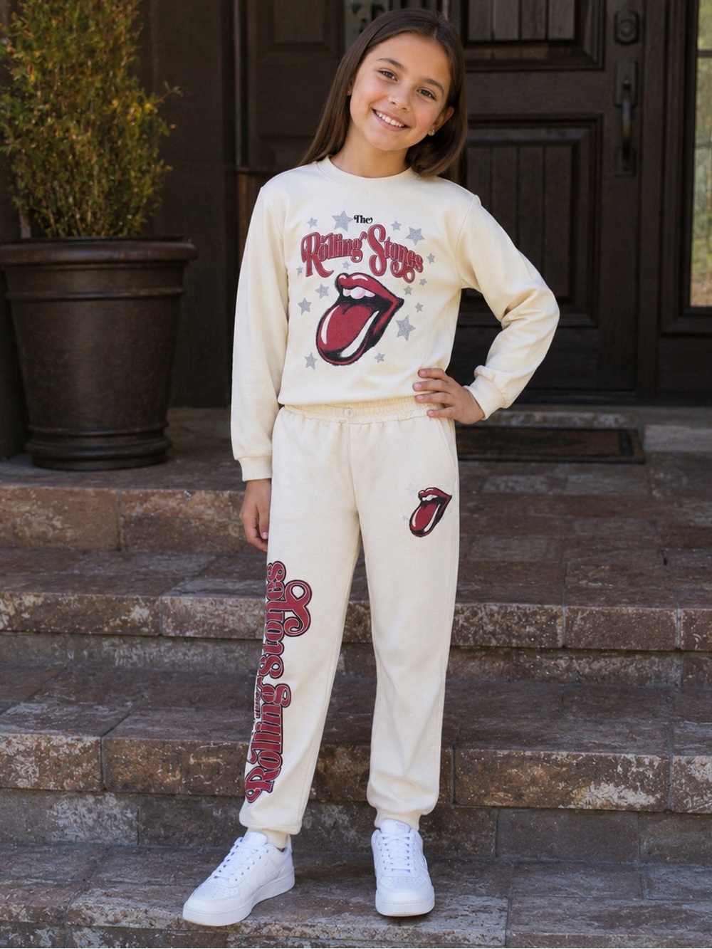 The Rolling Stones Girls 2Pc Sweatshirt Jogger Set Cream Size 10